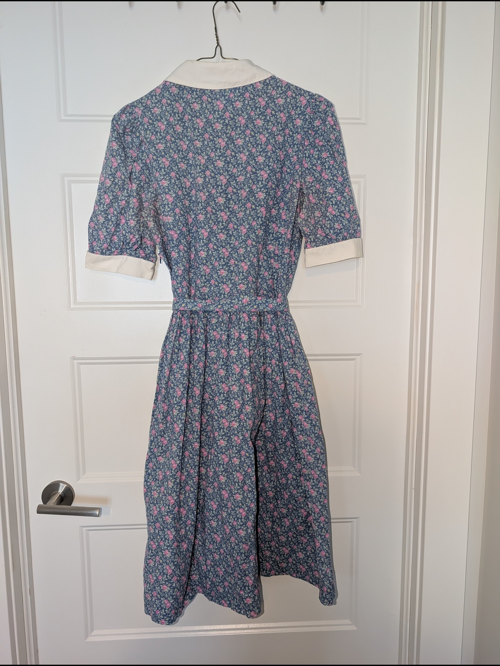 Laura Ashley Blue Floral Midi Dress with Pink Accents and White Collar - Picture 2 of 6